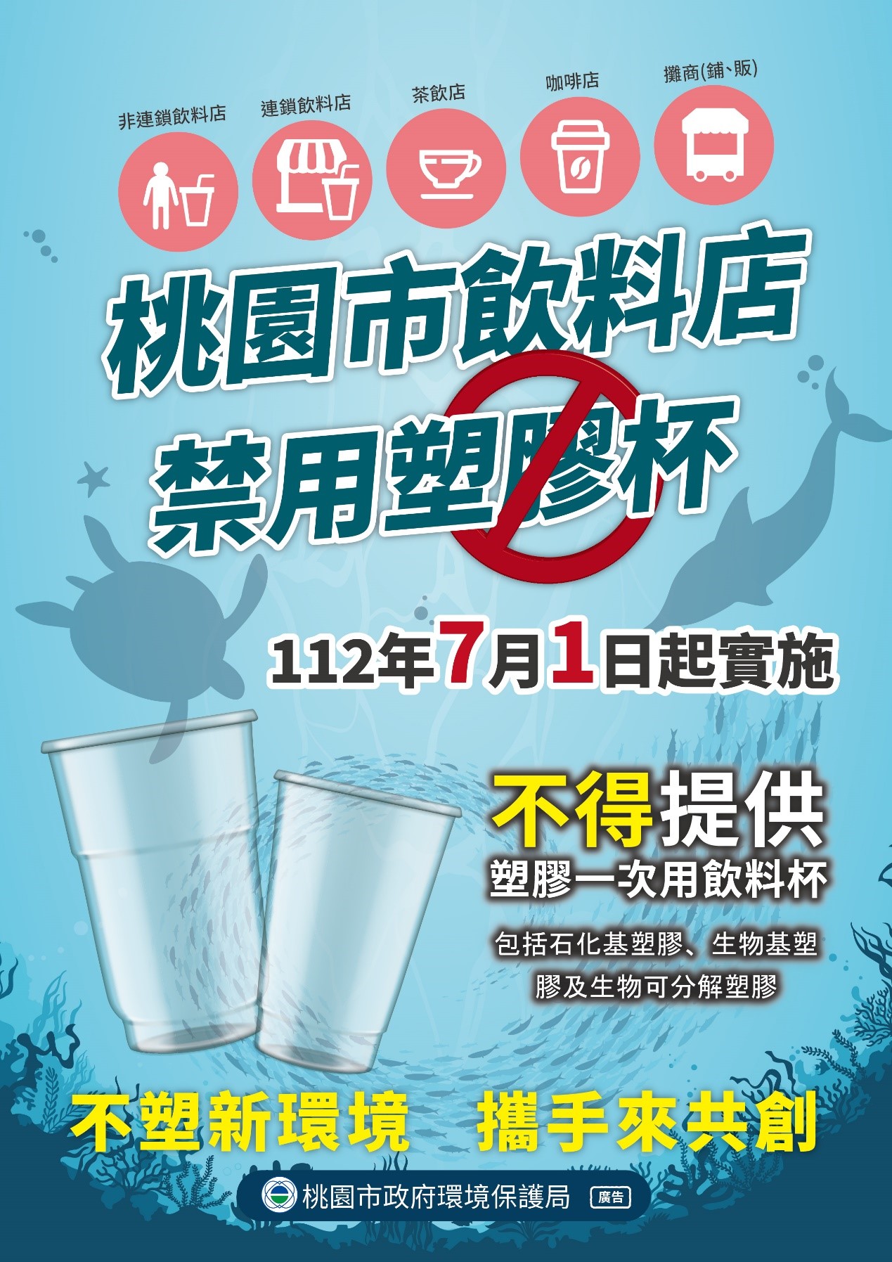 一次用飲料杯限制使用對象及實施方式「材質限制」海報